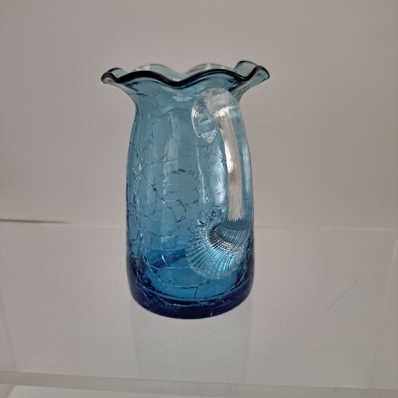 Pilgrim Blue Crackle Glass Pitcher Clear Ribbed Applied Handle - Picture 2 of 7